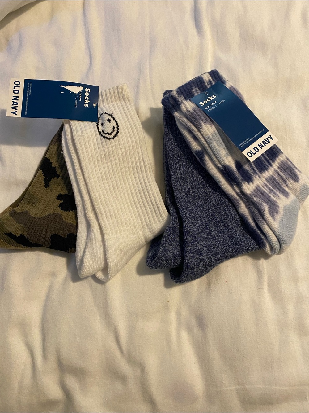 Old Navy Men's Socks 6-Pack — White, Olive Camo, Navy, Tie-Dye Blue